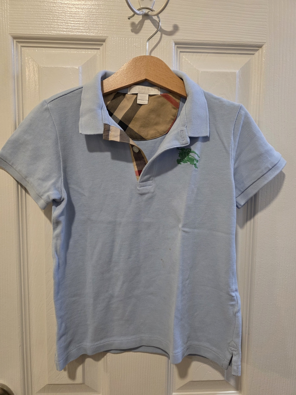 Burberry Light Blue Polo with Plaid Trim and Green Logo